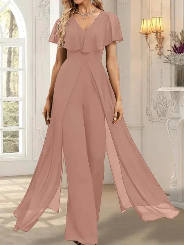 Jumpsuit/Pantsuit V-Neck Floor-Length Chiffon Evening Dress by Dreamylily