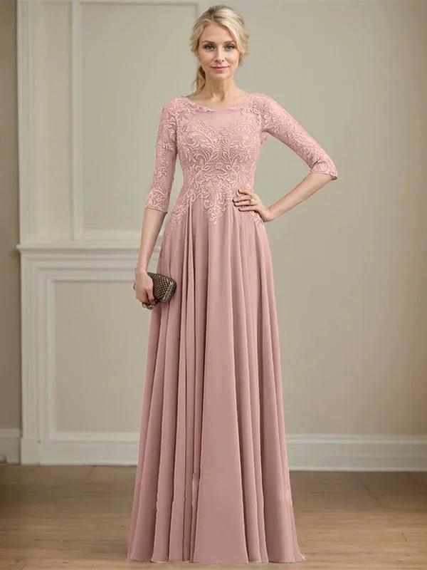 A-line Scoop Illusion Floor-Length Lace Chiffon Mother of the Bride Dress With Sequins by Dreamylily