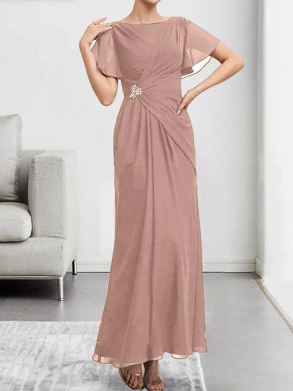 A-line Scoop Ankle-Length Chiffon Mother of the Bride Dress With Beading Pleated by Dreamylily