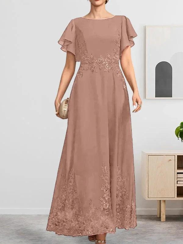A-line Scoop Ankle-Length Lace Chiffon Mother of the Bride Dress With Sequins by Dreamylily