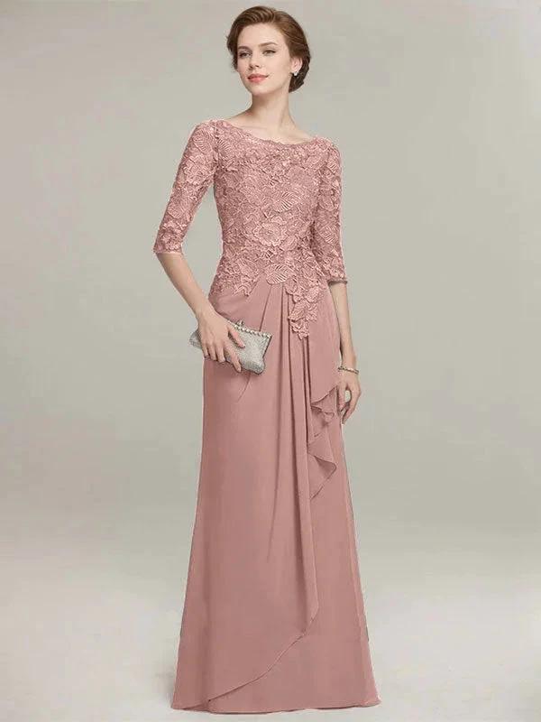 A-line Scoop Illusion Floor-Length Lace Chiffon Mother of the Bride Dress With Cascading Ruffles by Dreamylily