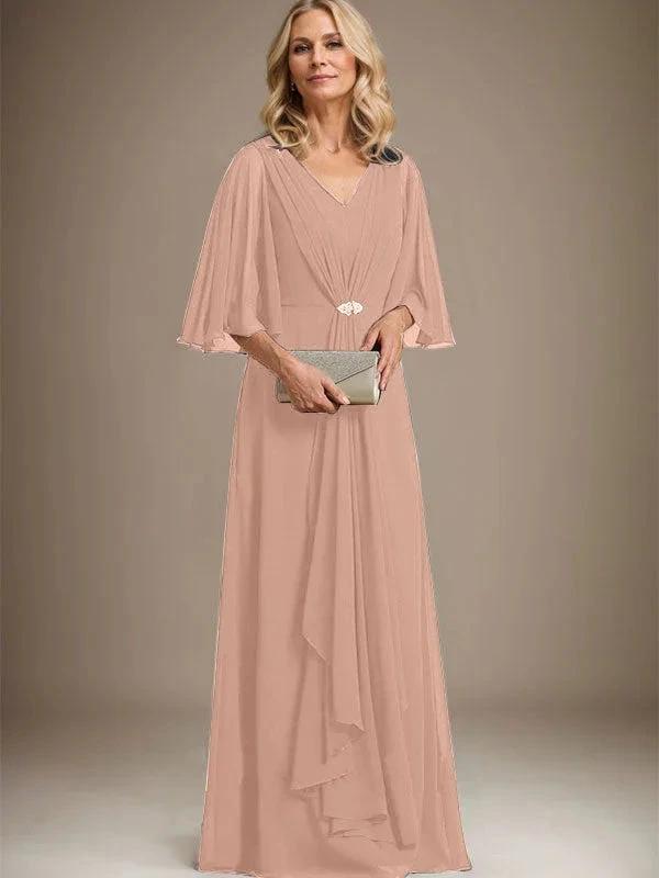 A-line V-Neck Floor-Length Chiffon Mother of the Bride Dress With Cascading Ruffles Crystal Brooch by Dreamylily