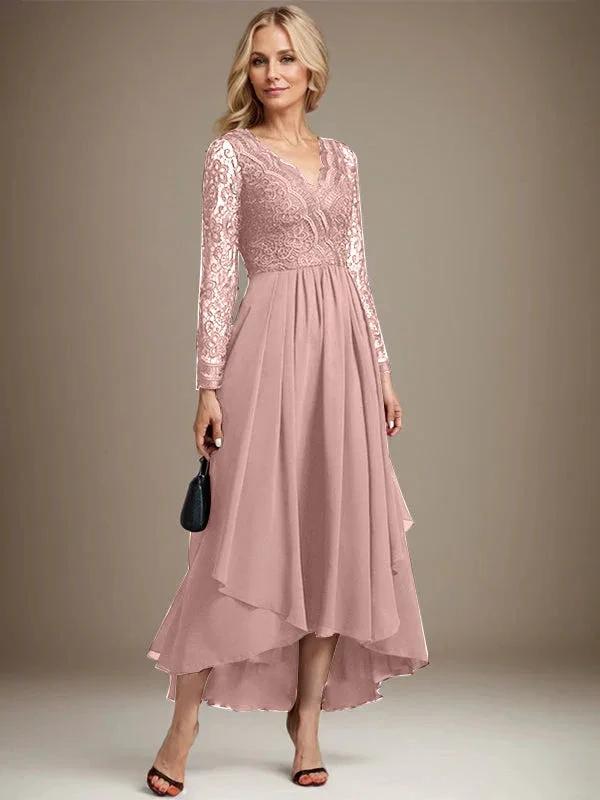 A-line V-Neck Asymmetrical Lace Chiffon Mother of the Bride Dress by Dreamylily