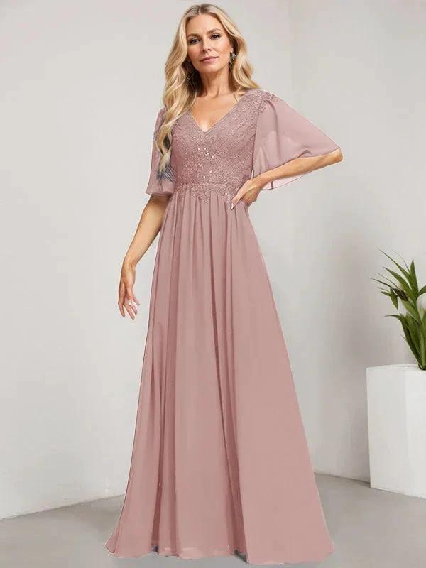A-line V-Neck Floor-Length Lace Chiffon Mother of the Bride Dress With Sequins by Dreamylily