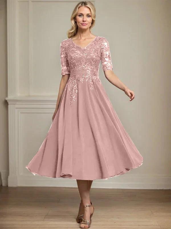 A-line V-Neck Tea-Length Lace Chiffon Mother of the Bride Dress With Sequins by Dreamylily