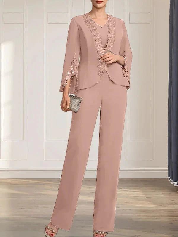 Separates Jumpsuit/Pantsuit V-Neck Floor-Length Chiffon Mother of the Bride Dress by Dreamylily