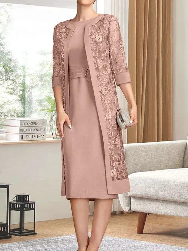 Sheath/Column Scoop Knee-Length Chiffon Mother of the Bride Dress With Pleated Sequins by Dreamylily