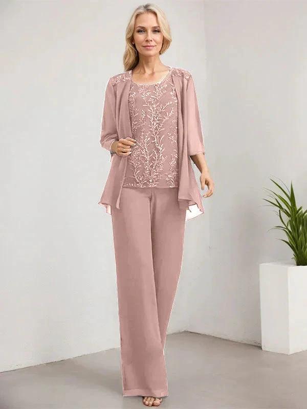 Separates Jumpsuit/Pantsuit Scoop Floor-Length Lace Chiffon Mother of the Bride Dress With Sequins by Dreamylily