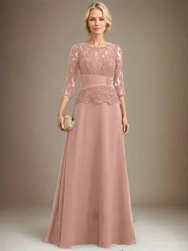 A-line Scoop Illusion Floor-Length Chiffon Lace Mother of the Bride Dress With Pleated Sequins Beading by Dreamylily