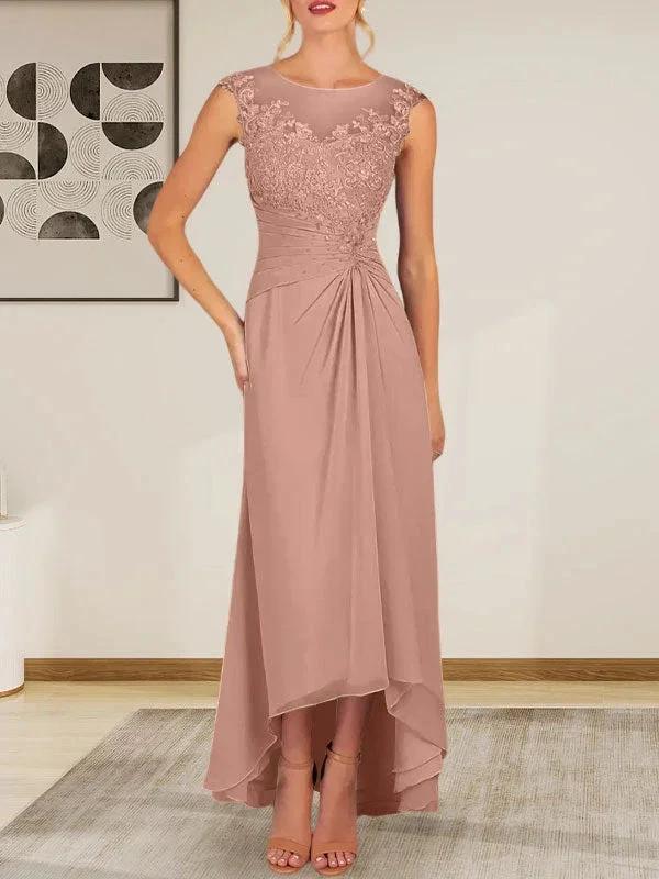 Champagne A-Line Scoop Lace Chiffon Dress by Dreamylily