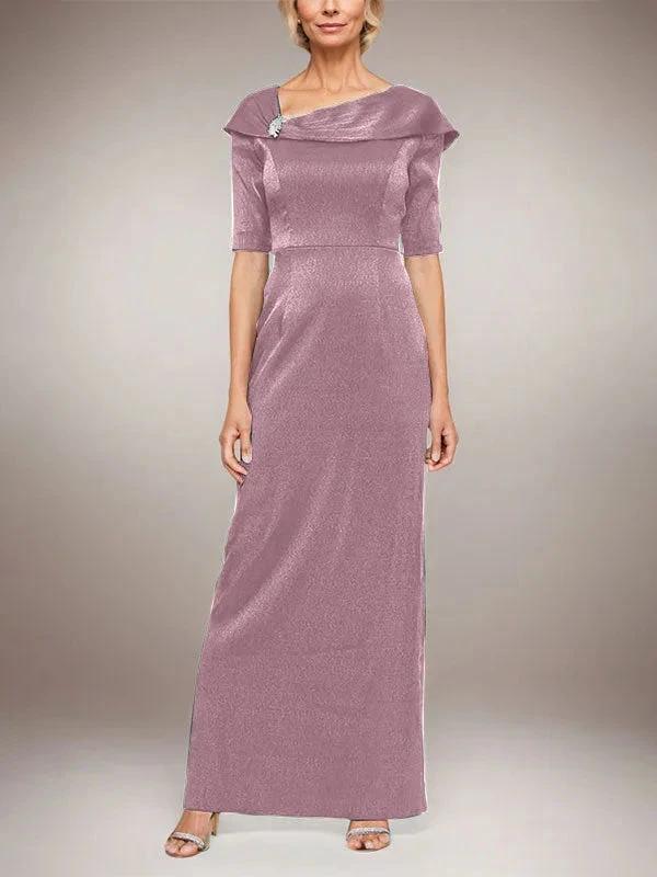 Long Shimmer Column Dress with Foldover Cuff L-Neckline and Elbow Sleeves by Dreamylily