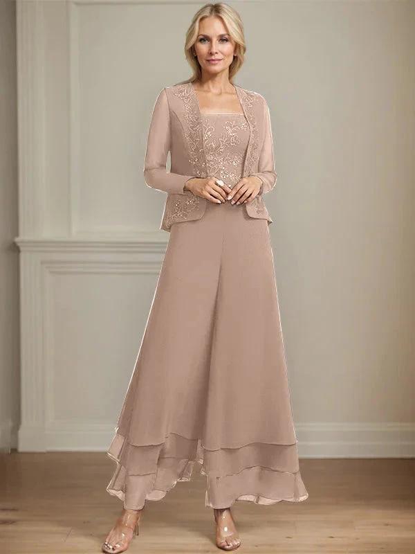 Separates Jumpsuit/Pantsuit Square Ankle-Length Lace Chiffon Mother of the Bride Dress With Sequins by Dreamylily