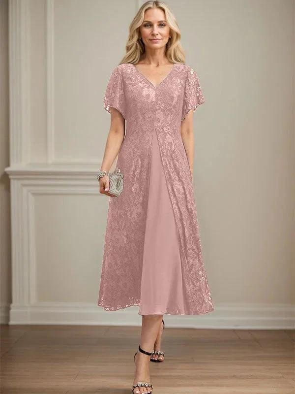A-line V-Neck Tea-Length Lace Chiffon Mother of the Bride Dress by Dreamylily