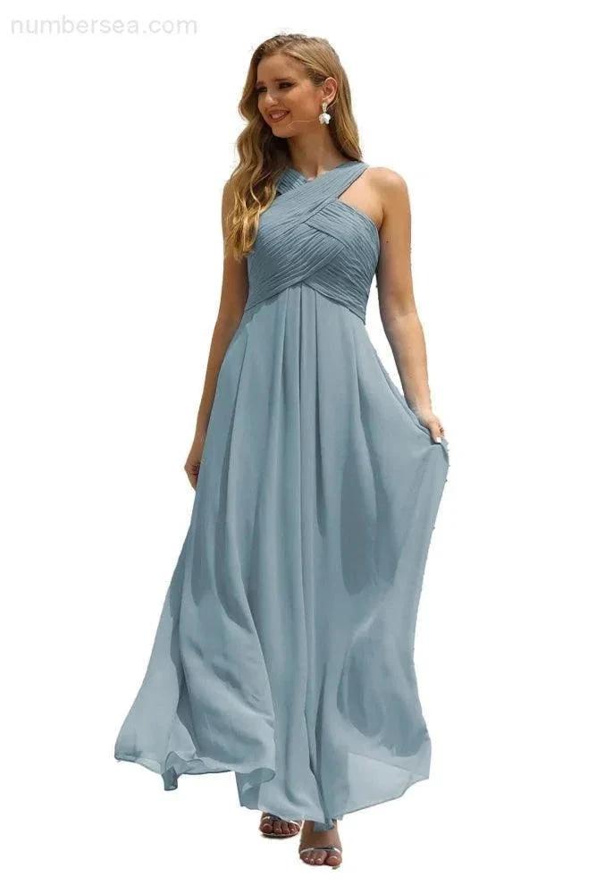 Numbersea Women Halter Chiffon Bridesmaid Dress A-line Long Formal Prom Gown SEA28015 by numbersea