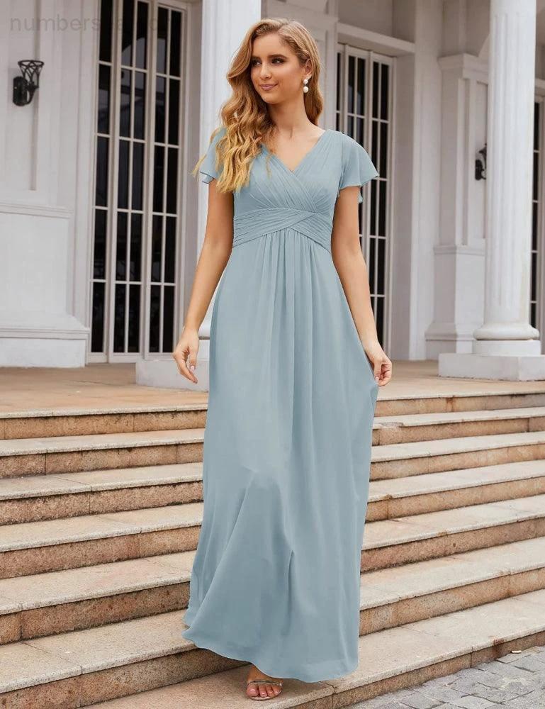Numbersea Chiffon Bridesmaid Dress Cap Sleeves Maxi Prom Gowns Party Wedding Mother of The Bride Dresses for Women SEA28047 by numbersea