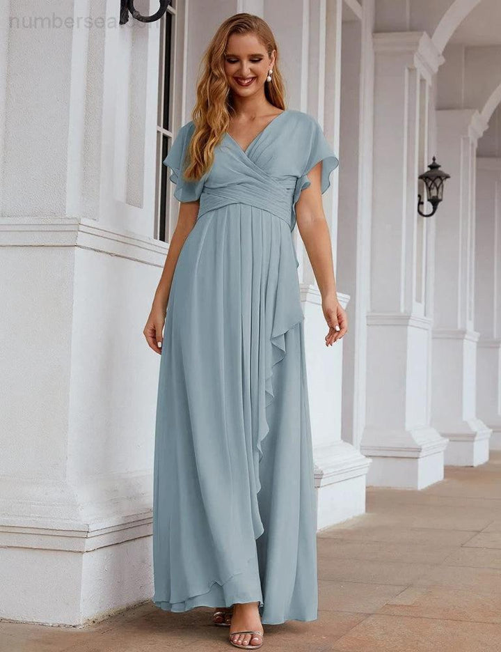Numbersea Chiffon Bridesmaid Dresses Long Formal Evening Prom Mother of The Bride Dress with Flutter Sleeve SEA28040 by numbersea