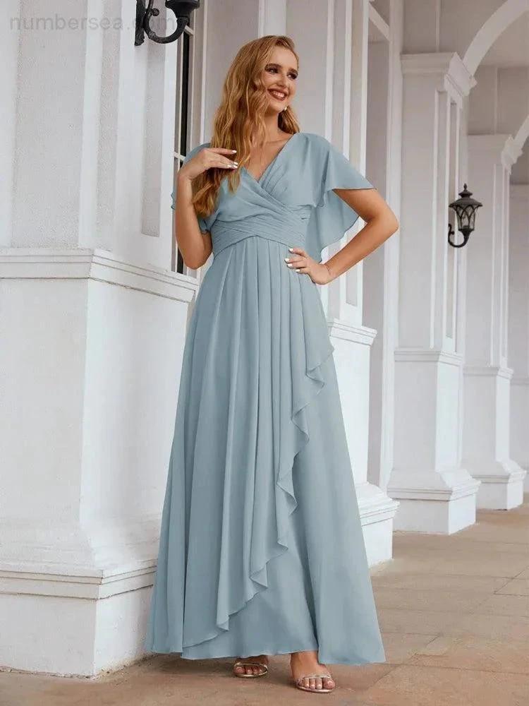 Numbersea Chiffon Bridesmaid Dresses Long Formal Evening Prom Mother of The Bride Dress with Flutter Sleeve SEA28040 by numbersea