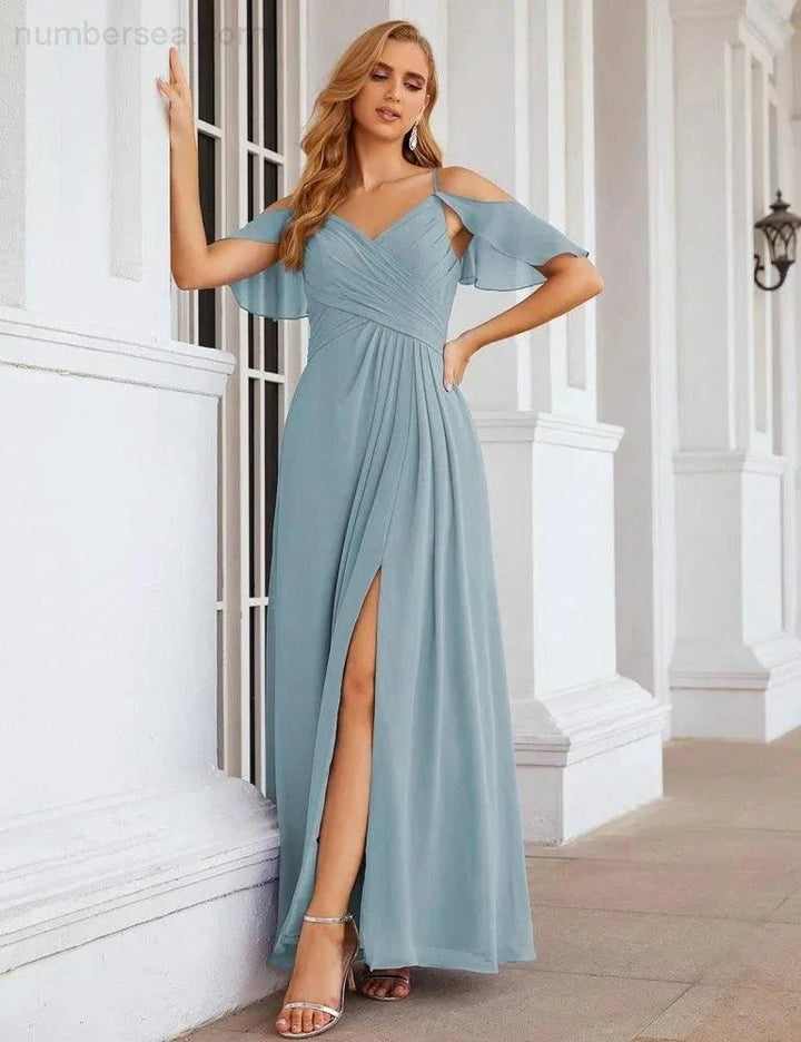 Numbersea Chiffon Cold Shoulder Long Bridesmaid Dresses Plus Size Formal Prom Gowns for Women Party Wedding SEA28070 by numbersea