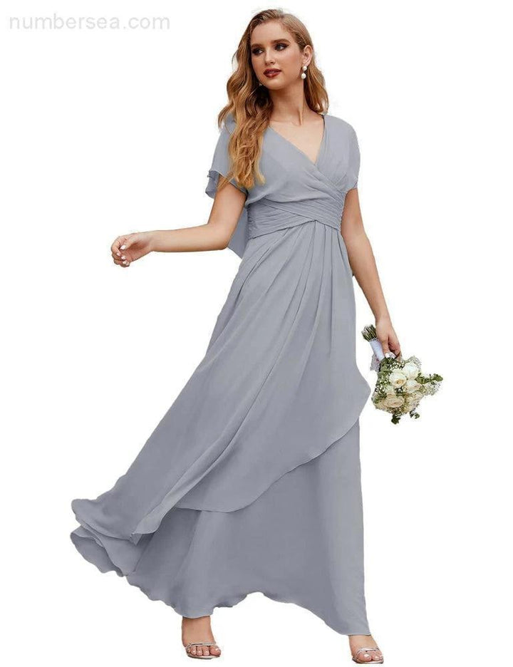 Numbersea Chiffon Bridesmaid Dresses Long Formal Evening Prom Mother of The Bride Dress with Flutter Sleeve SEA28040 by numbersea