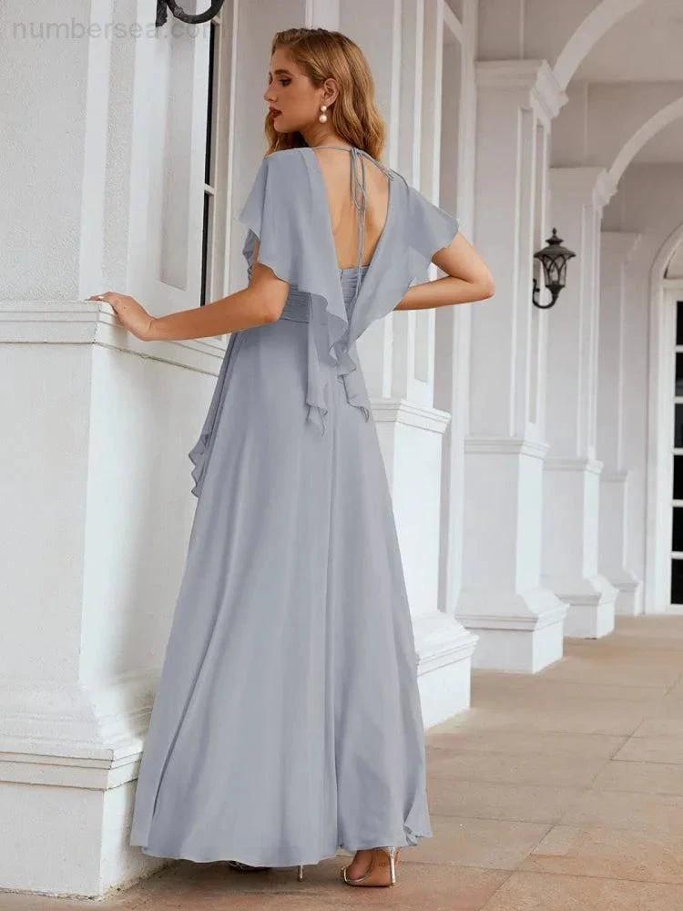 Numbersea Chiffon Bridesmaid Dresses Long Formal Evening Prom Mother of The Bride Dress with Flutter Sleeve SEA28040 by numbersea