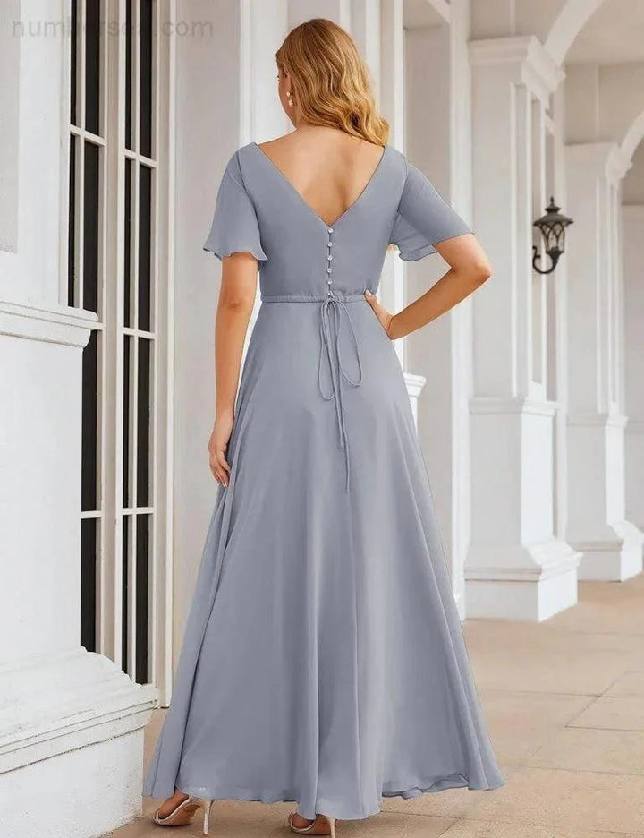 Numbersea Wrap V-Neck Chiffon Bridesmaid Dresses Long Formal Maxi Evening Gown for Wedding Guests SEA28049 by numbersea