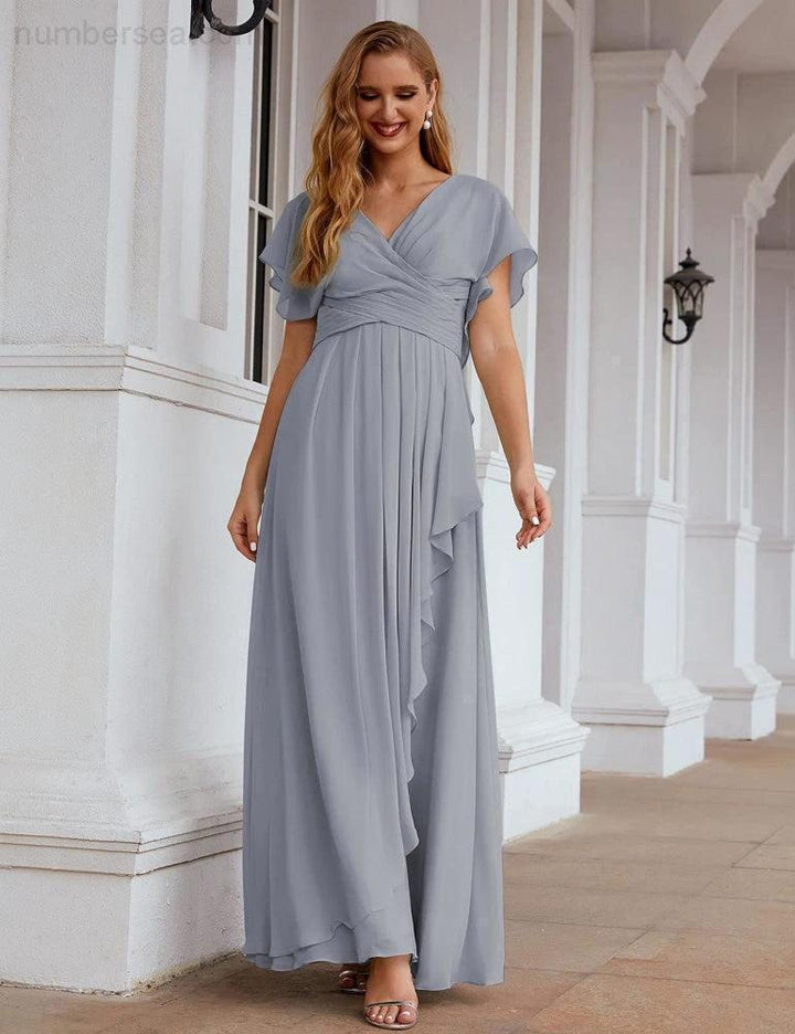 Numbersea Chiffon Bridesmaid Dresses Long Formal Evening Prom Mother of The Bride Dress with Flutter Sleeve SEA28040 by numbersea
