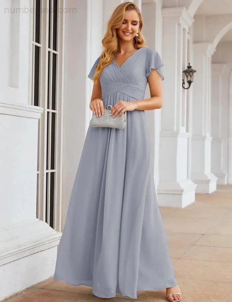 Numbersea Chiffon Bridesmaid Dress Cap Sleeves Maxi Prom Gowns Party Wedding Mother of The Bride Dresses for Women SEA28047 by numbersea