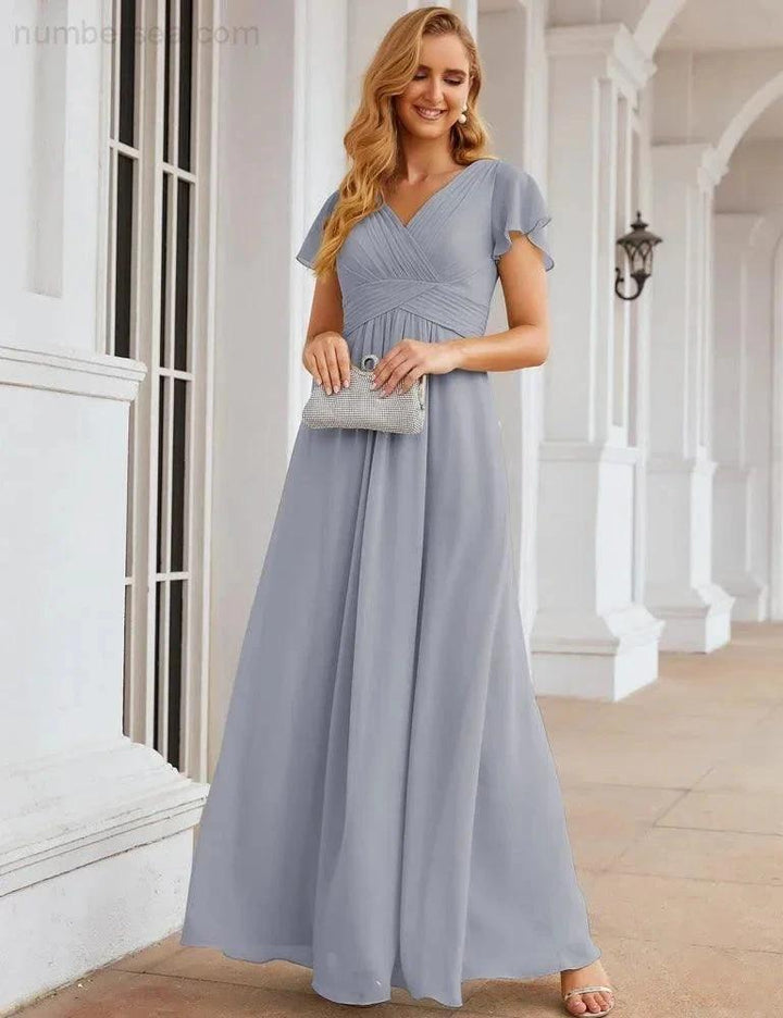 Numbersea Chiffon Bridesmaid Dress Cap Sleeves Maxi Prom Gowns Party Wedding Mother of The Bride Dresses for Women SEA28047 by numbersea