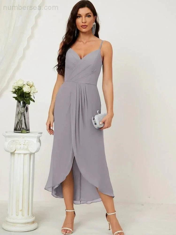 Numbersea Spaghetti Chiffon V Neck Bridesmaid Dress Mid-Length Slit Formal Prom Dress Homecoming Dress 2803 by numbersea