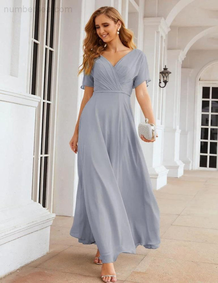 Numbersea Wrap V-Neck Chiffon Bridesmaid Dresses Long Formal Maxi Evening Gown for Wedding Guests SEA28049 by numbersea
