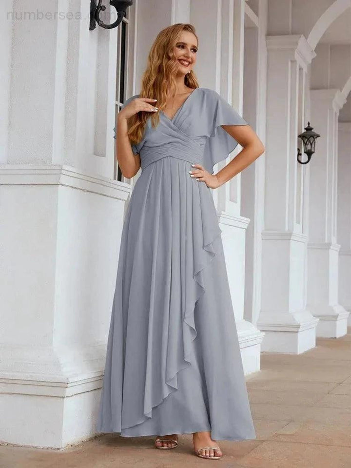 Numbersea Chiffon Bridesmaid Dresses Long Formal Evening Prom Mother of The Bride Dress with Flutter Sleeve SEA28040 by numbersea
