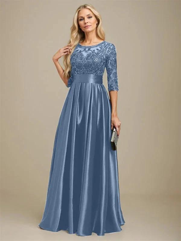 A-line Scoop Illusion Floor-Length Stretch Satin Lace Mother of the Bride Dress With Bow Sequins by Dreamylily