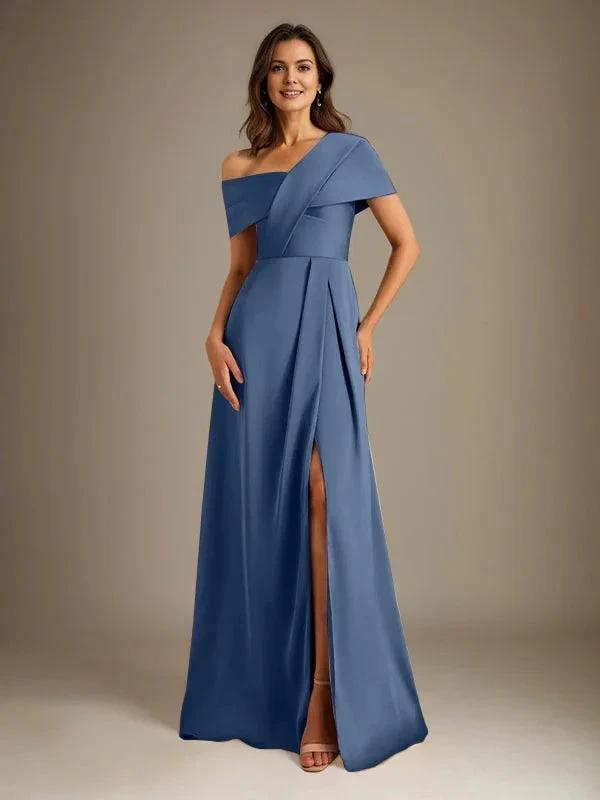 A-Line Asymmetrical Neckline Floor-Length Satin Mother of the Bride Dress With Pleated by Dreamylily