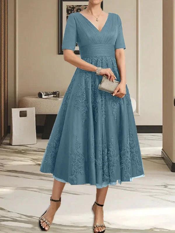 A-line V-Neck Tea-Length Tulle Lace Mother of the Bride Dress With Pleated by Dreamylily