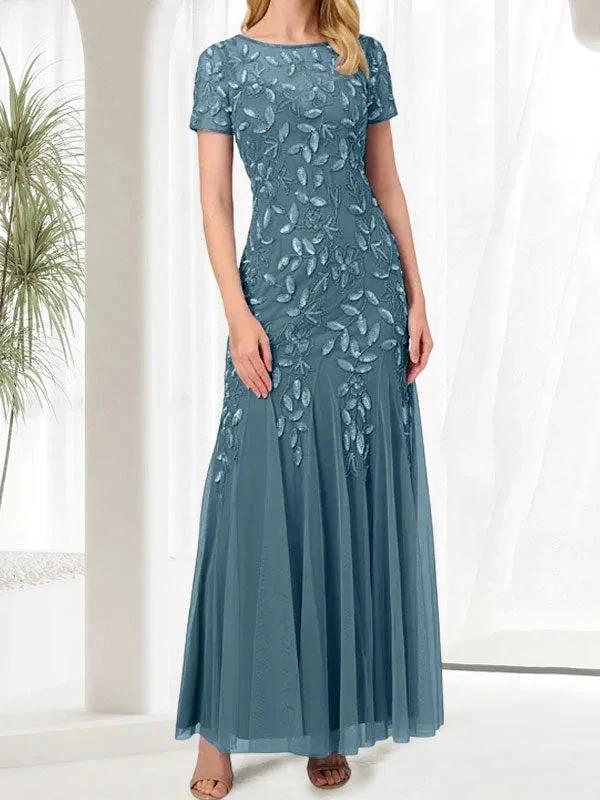 Blue Mermaid Round Neck Long Mother of the Bride Dress With Beadings by Dreamylily