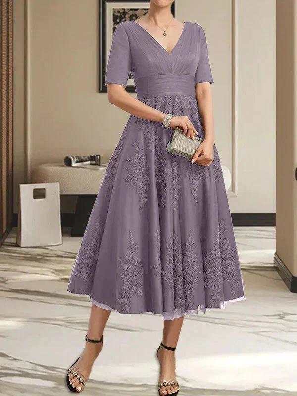 A-line V-Neck Tea-Length Tulle Lace Mother of the Bride Dress With Pleated by Dreamylily