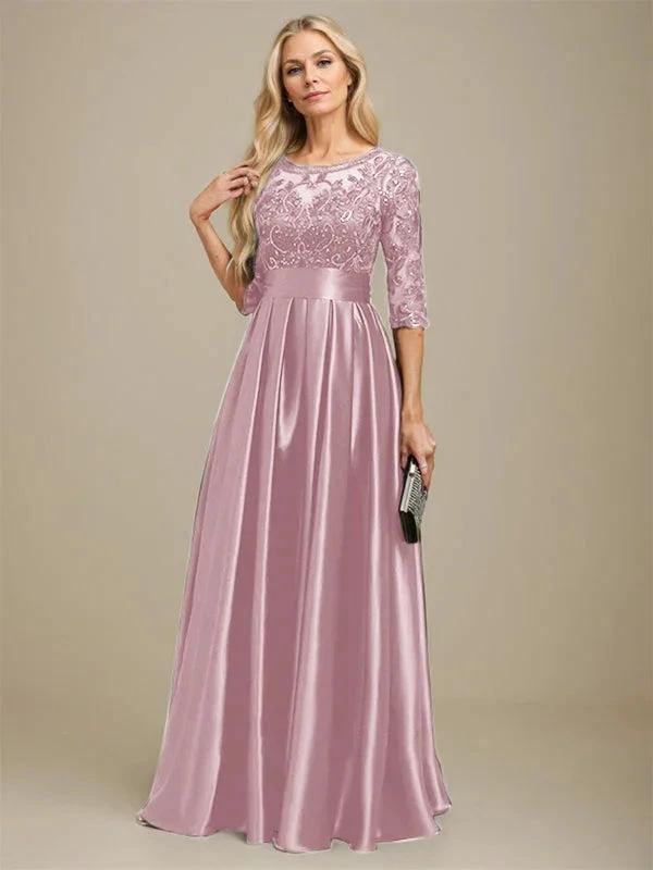 A-line Scoop Illusion Floor-Length Stretch Satin Lace Mother of the Bride Dress With Bow Sequins by Dreamylily