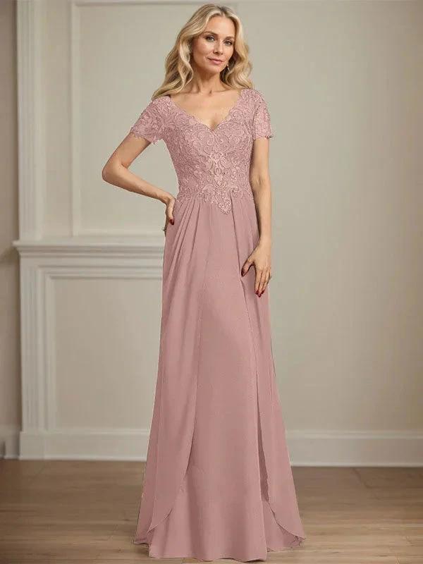 A-line V-Neck Floor-Length Chiffon Lace Mother of the Bride Dress by Dreamylily
