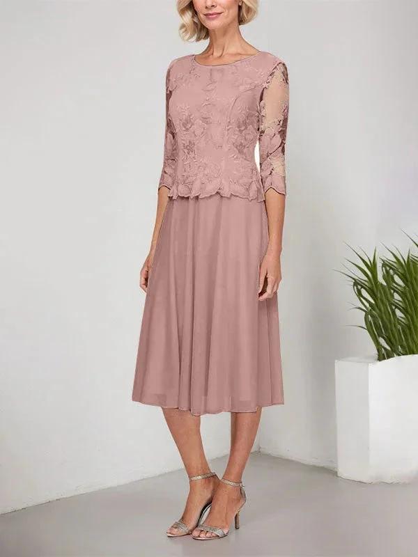 A-line Scoop Tea-Length Lace Chiffon Mother of the Bride Dress With Embroidery by Dreamylily