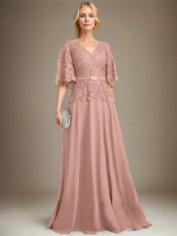 A-line V-Neck Floor-Length Chiffon Lace Mother of the Bride Dress With Crystal Brooch Rhinestone by Dreamylily