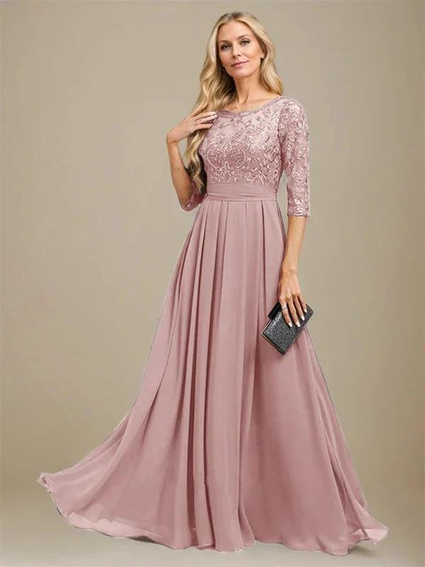 A-Line Scoop Floor-Length Lace Chiffon Mother Of the Bride Dress With Sequins Applique by Dreamylily