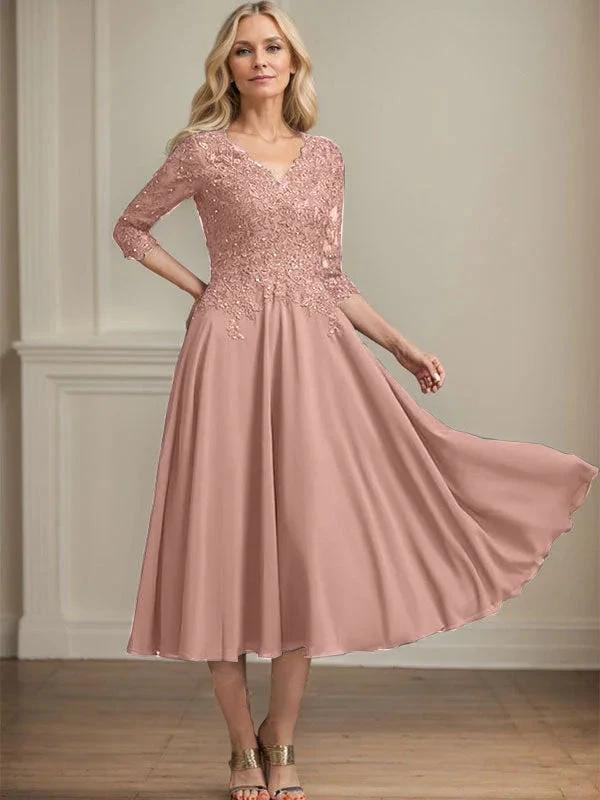 A-line V-Neck Tea-Length Chiffon Lace Mother of the Bride Dress With Beading Sequins by Dreamylily