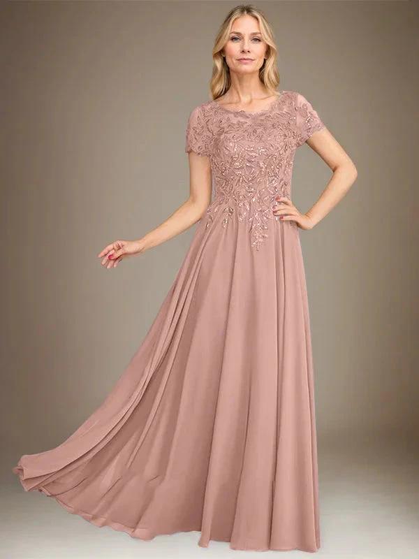 A-Line Scoop Floor-Length Chiffon Mother of the Bride Dress With Applique &amp; Sequins by Dreamylily