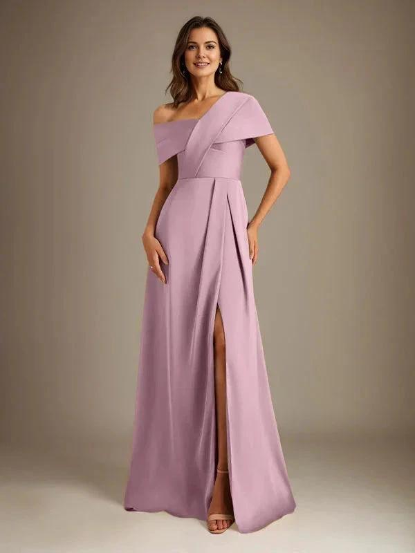 A-Line Asymmetrical Neckline Floor-Length Satin Mother of the Bride Dress With Pleated by Dreamylily