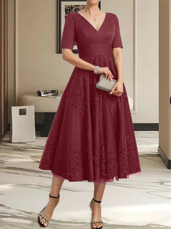 A-line V-Neck Tea-Length Tulle Lace Mother of the Bride Dress With Pleated by Dreamylily