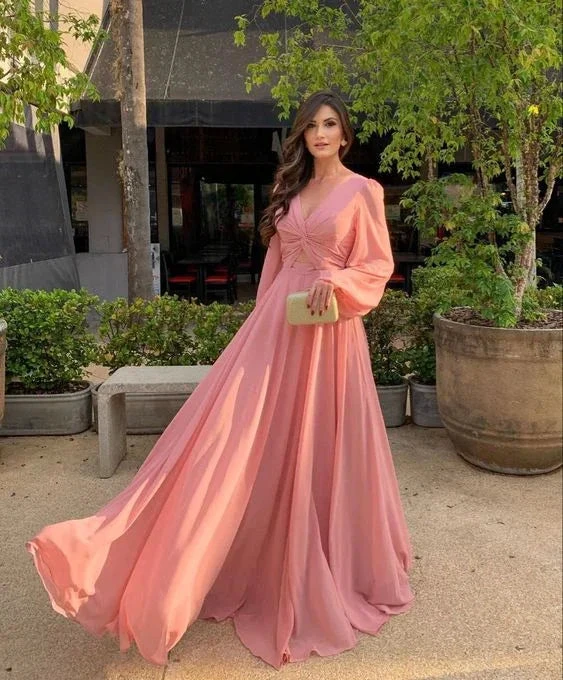 Women's Long Sleeve Country Bridesmaid Dress V Neck Chiffon Evening Dress Y7208 by simplepromdress