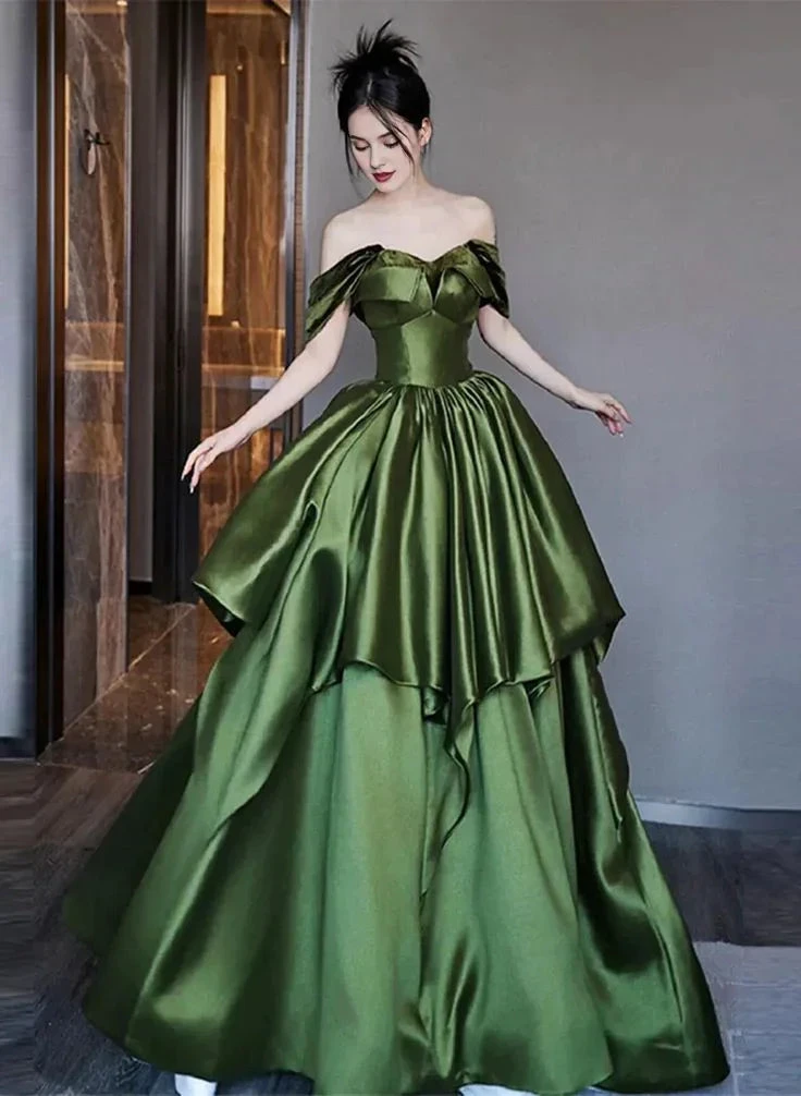 Beautiful Ruched Layered Formal Prom Dress A Line Green Satin Long Ball Gown Evening Dress Y7995 by simplepromdress