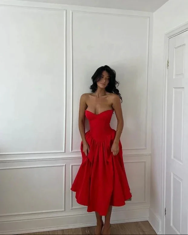 Charming Red Strapless Pleated Prom Dress A Line Evening Gown Y7763 by simplepromdress