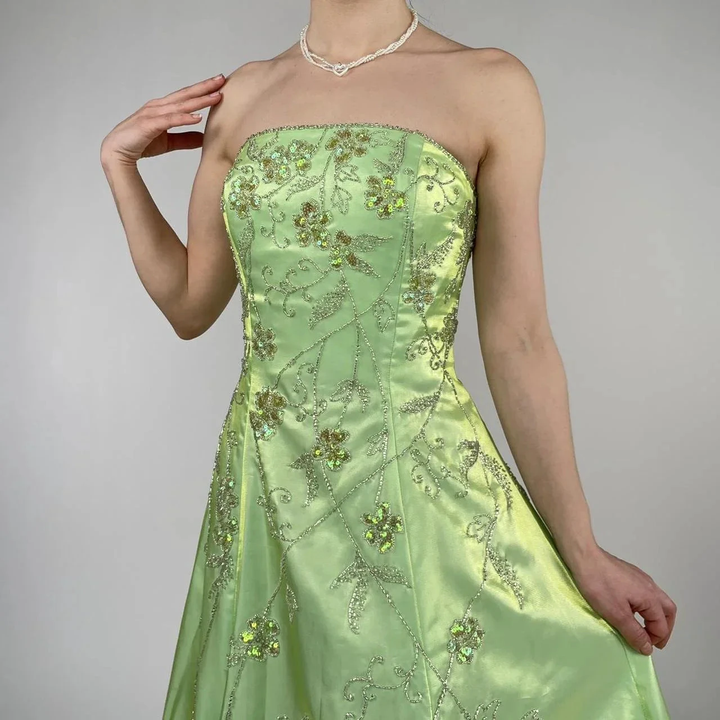 Strapless Green Satin Beaded A Line Prom Dress Evening Dress Y8412 by simplepromdress