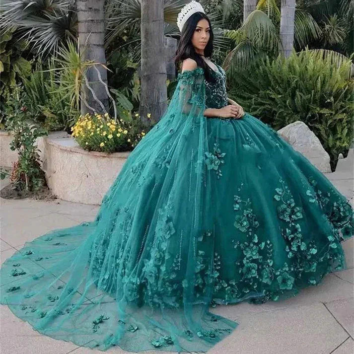 Princess Quinceanera Dress Off Shoulder Sweetheart Beading With 3D Flowers Ball Gown Cloak Tulle Robe De Soirée Y4334 by simplepromdress